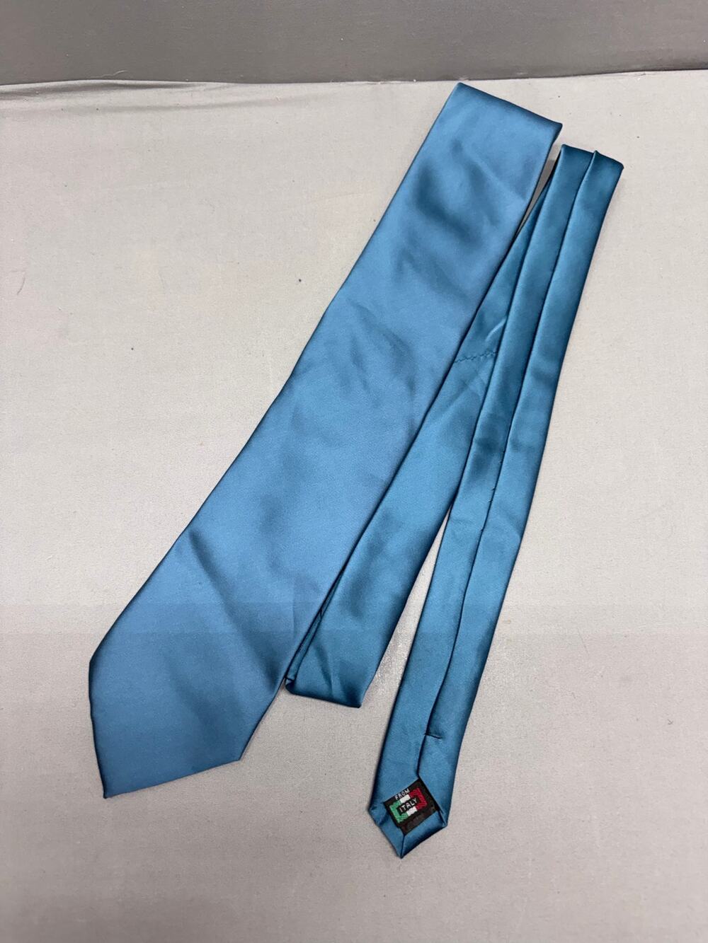 Brand Q Necktie Mens Steel Blue Teal Satin Silk Like Italian Design Tie Business
